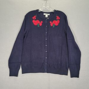 Melrose Chic Womens Cardigan Sweater  Size Large Navy Blue Roses Embroidery